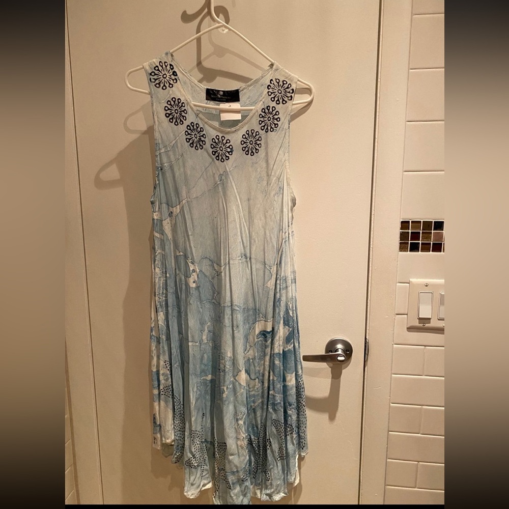 Sleeveless Light Blue Print Maxi Dress with Embellished Neckline Beach or Pool